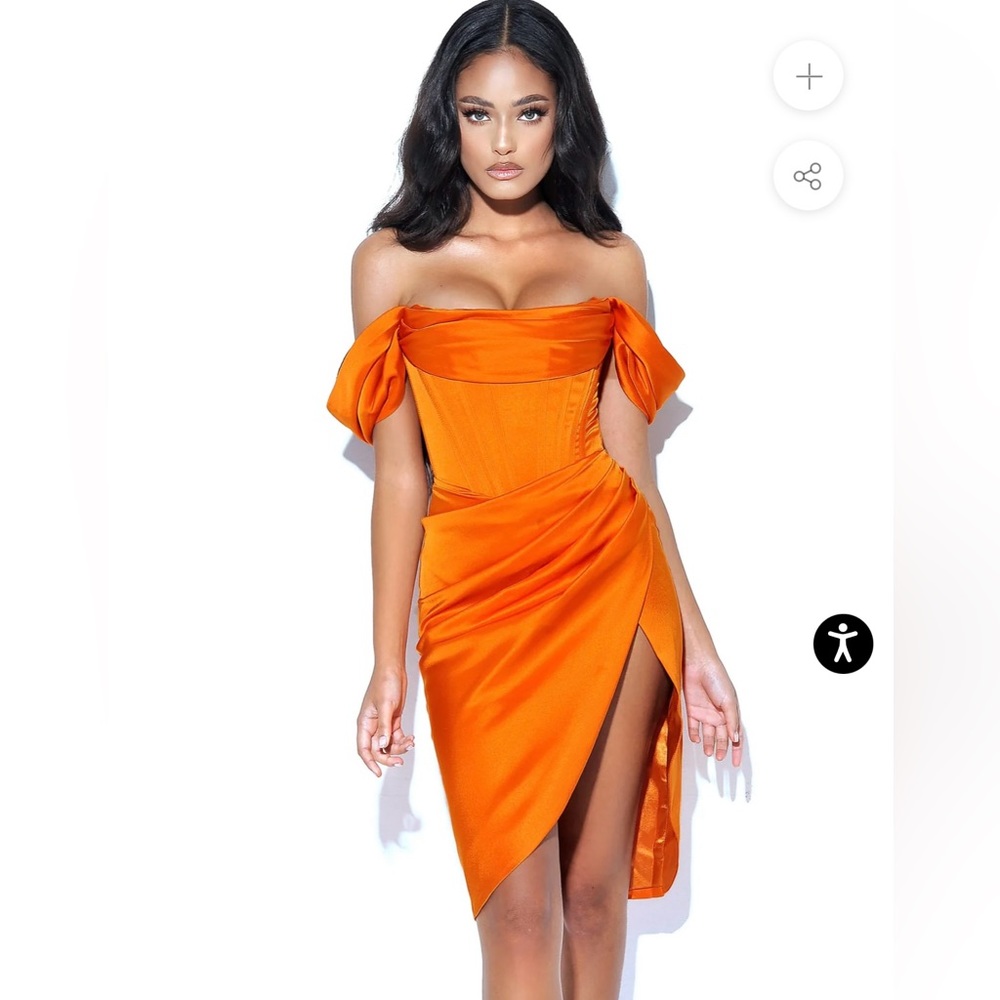 NWT MISS CIRCLE orange bustier corset , draped off the shoulder midi dress - Picture 5 of 7